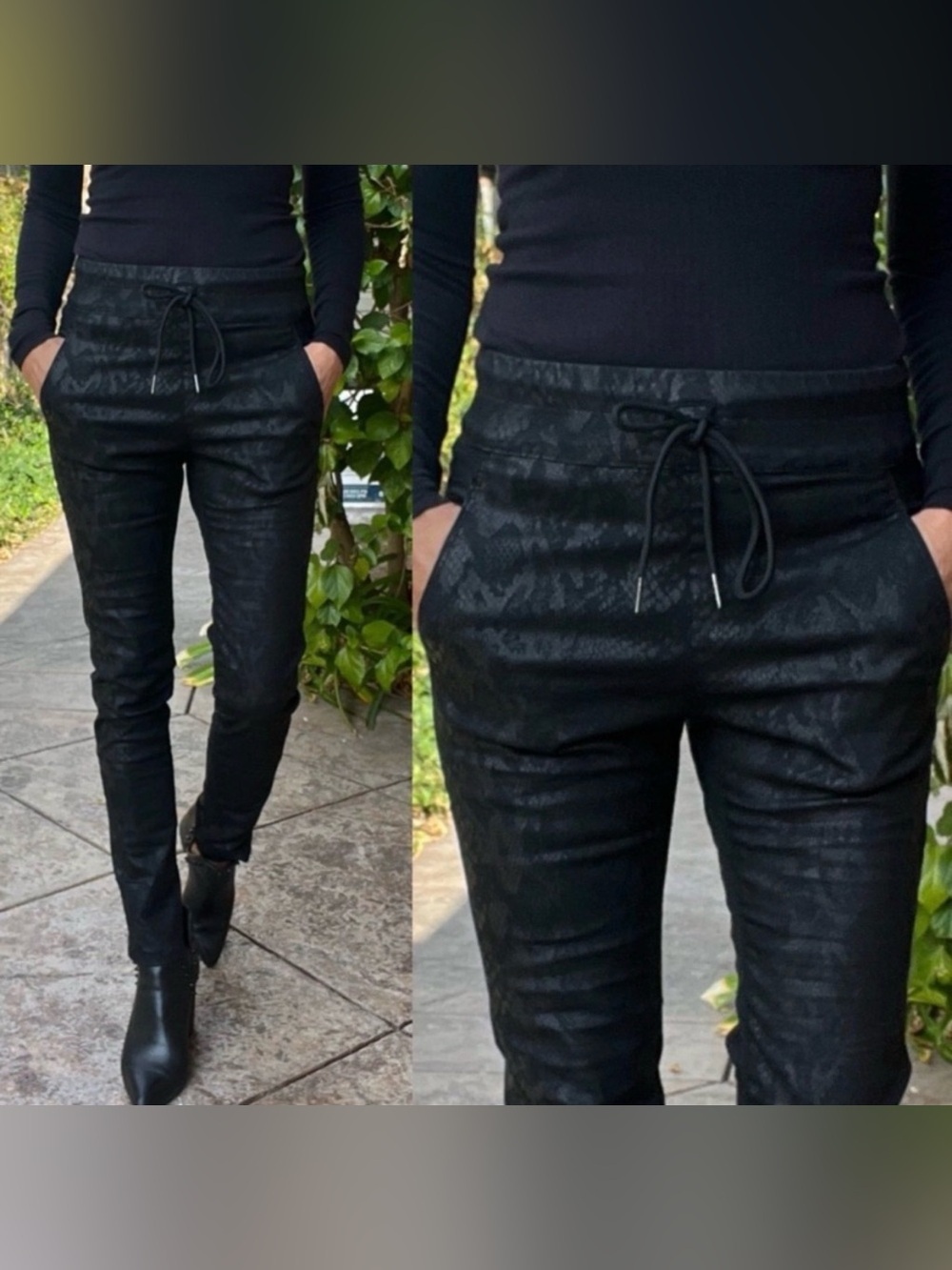 Bevy Flog Black Python Snakeskin Shely Drawstring Pants - size 24 B12